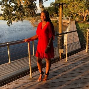 BCBGMAXAZRIA Womens Red Orange Crinkled V-Neck Dress- Period Week & Mom Life